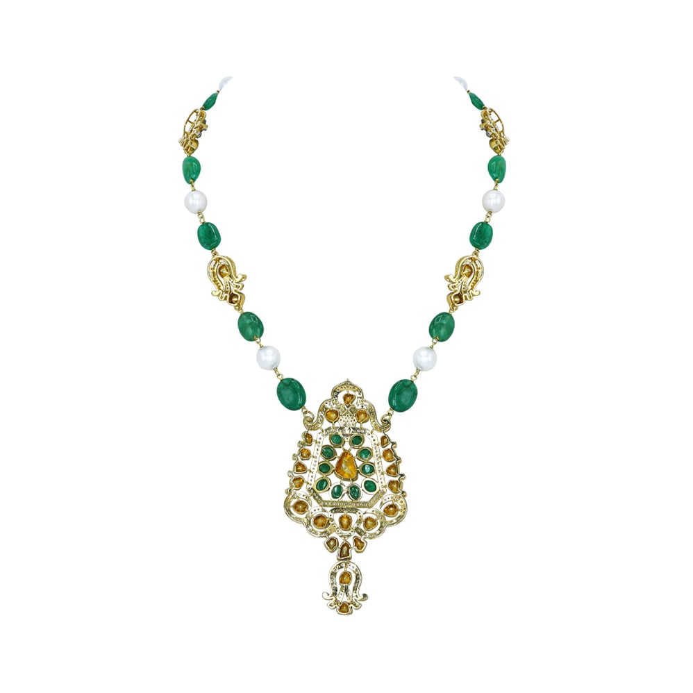 Emerald and Pearl Necklace with Diamond Motifs and Pendant